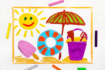 Colorful drawing: beach vacation. Smiling sun, ice cream, lifebuoy and sun umbrella