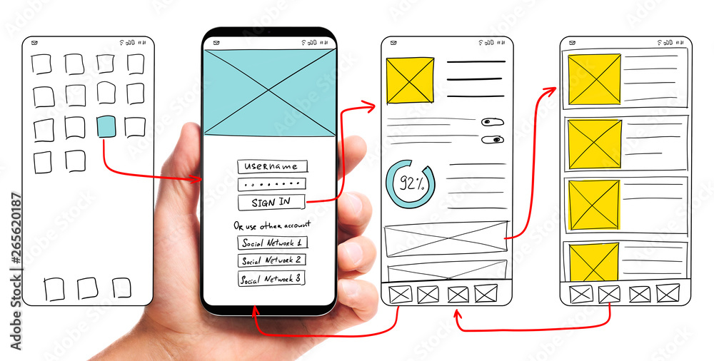 Wall mural ui development. male hand holding smartphone with wireframed user interface screen prototypes of a m