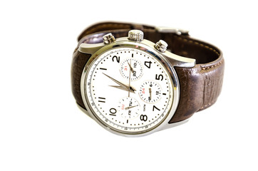 men's, wristwatches with brown strap, isolated on white background. Close-up.