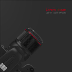 Realistic workplace organization. Top view with black table and DSLR professional camera. Work desk for office with stationery elements on the table. EPS10. Vector illustration.