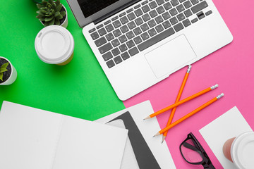 Table top view aerial image of accessories office desk background concept.Flat lay of variety object