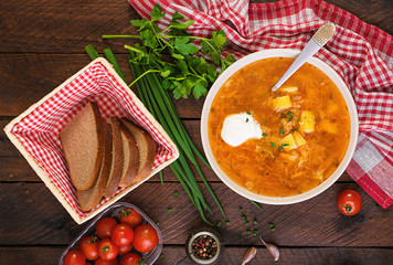 Traditional Russian soup with cabbage - sauerkraut soup - shchi. Flat lay. Top view