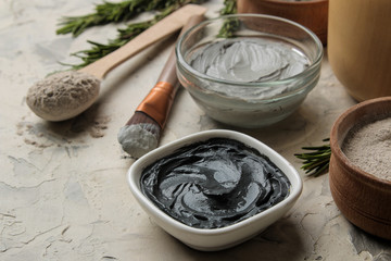 Cosmetic clay. clay facial mask on a light background. different types of clay. natural cosmetics for cosmetic procedures. Beauty concept.