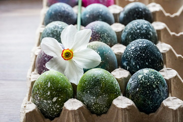 Boiled Easter eggs painted in the style of cosmos and a distant galaxy, against the backdrop of an antique tree and a beautiful flower. Easter.