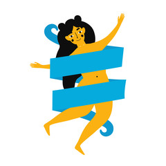 Vector illustration with long hair young woman with blue template ribbon without text