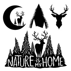 Vector set with deers, moon and pine trees. Nature is my home lettering quote.