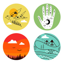 Vector set with human hand, swallow, mountains, birds, moon, planets, pine trees and stars.