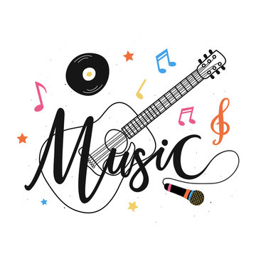 Isolated on white vector illustration with acoustic guitar, microphone, notes, plate and stars and calligraphy word - Music.