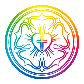 Luther rose symbol. Rainbow colored sign of Lutheranism and protestants, consisting of a cross, a heart, a single rose and a ring - isolated vector illustration on white background.