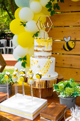 Bee, honey, honeycomb themed in wood tones baby shower party, newborn baby party, birthday party concept design, decorations © ozencdeniz