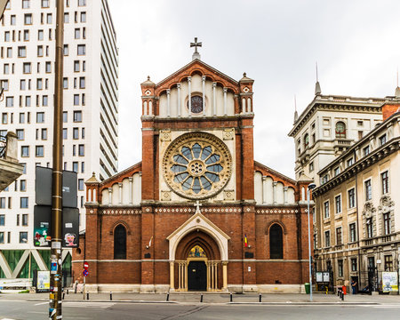 Bucharest, Romania - 2019. St. Joseph Catholic Cathedral or Catedrala Sf. Iosif in Bucharest. The visit of Pope Francisc in Bucharest, Romania.
