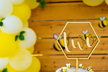 Bee, honey, honeycomb themed in wood tones baby shower party, newborn baby party, birthday party, "two" shaped cut pastry over wood cut font