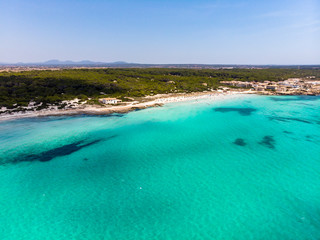 Aerial view, Spain, Balearic Islands, Majorca, municipality of Rapita, place Ses Covetes, beach es Trenc