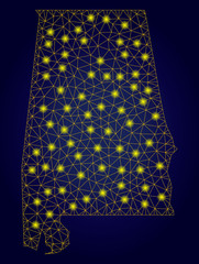 Yellow mesh vector Alabama State map with glitter effect on a dark blue gradiented background. Abstract lines, light spots and small circles form Alabama State map constellation.