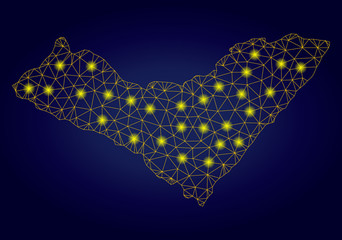 Yellow mesh vector Alagoas State map with glare effect on a dark blue gradiented background. Abstract lines, light spots and points form Alagoas State map constellation.