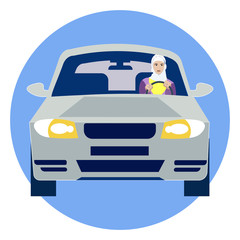 Muslim woman driving a car. In minimalist style. Cartoon flat Vector