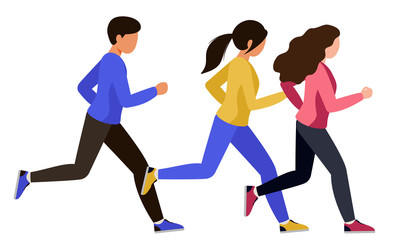 Fototapeta na wymiar A guy with a girl in tracksuits went for a run. A couple of a man and a woman doing sports together. People participate in running competitions. Vector illustration.