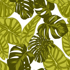 Tropical Leaves. Seamless Pattern with Hand Drawn Leaves of Monstera and Alocasia. Exotic Rapport for Textile, Fabric. Vector Seamless Background with Tropic Plants. Jungle Foliage. Watercolor Effect.