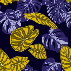 Fototapeta na wymiar Tropical Jungle Leaves. Vector Seamless Pattern. Philodendron or Monstera Plant Repeating Background for Textile, Wallpaper, Summer Decoration. Floral Seamless Pattern with Alocasia and Monstera Leaf.