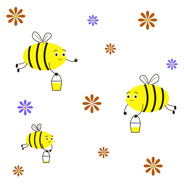 Insects bees collect honey. Funny, cute bees, buckets of honey, flowers. 