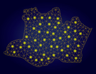 Yellow mesh vector Amazonas State map with glare effect on a dark blue gradiented background. Abstract lines, light spots and circle dots form Amazonas State map constellation.