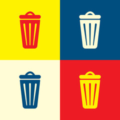 Trash can icon. Yellow, blue and red color material minimal icon or logo design