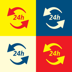 24h icon. Yellow, blue and red color material minimal icon or logo design