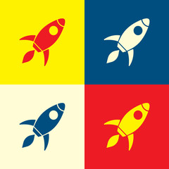 Rocket icon. Yellow, blue and red color material minimal icon or logo design