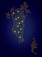 Yellow mesh vector Bahrain map with glare effect on a dark blue gradiented background. Abstract lines, light spots and small circles form Bahrain map constellation.