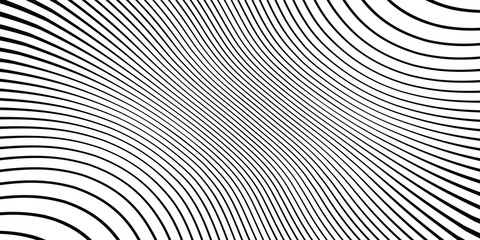 Wave monochrome background. Simple linear halftone  texture. Vector black & white background. Abstract dynamical rippled surface. Visual  3D effect. Illusion of movement.