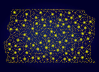 Yellow mesh vector Brazil Distrito Federal map with glare effect on a dark blue gradiented background. Abstract lines, light spots and dots form Brazil Distrito Federal map constellation.