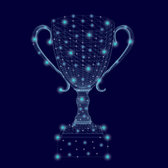 Wireframe of the winning cup with glowing lights. Polygonal goblet of blue lines on a dark background. 3D. Vector illustration