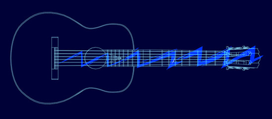 Contour of the acoustic guitar from the blue lines on a dark background. Vector illustration