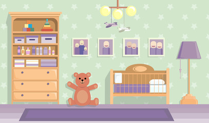 baby room in lilac . Vector image in flat design style.