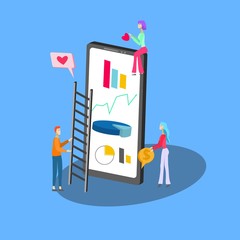 Isometric icon of social media statistic on smartphone and tiny people on blue background vector illustration