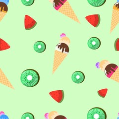 Seamless Pattern of Juicy Ice Cream with Waffles Watermelon and Kiwi on Green Background Cartoon Style Vector Illustration