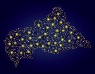 Yellow mesh vector Central African Republic map with glare effect on a dark blue gradiented background. Abstract lines, light spots and dots form Central African Republic map constellation.