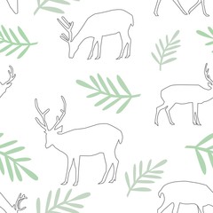 Seamless Pattern of Different Deer With Big Horns and Leaves on white Background Vector Illustration