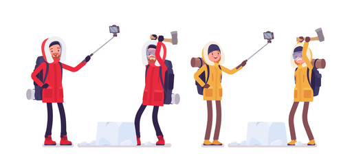 Winter hiking man, woman enjoy outdoor activity. Male, female tourist with backpacking gear, wearing jacket, professional footwear. Vector flat style cartoon illustration isolated on white background