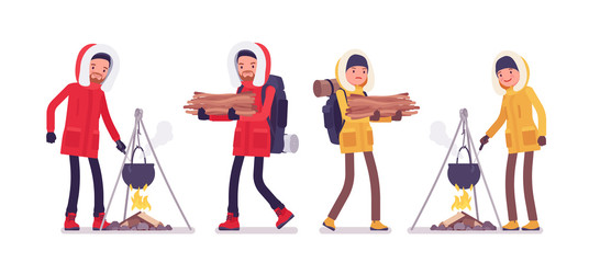 Winter hiking man, woman exploring route. Male, female tourist with backpacking gear, wearing bright jacket, professional footwear. Vector flat style cartoon illustration isolated, white background
