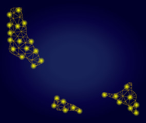 Yellow mesh vector Comoros Islands map with glare effect on a dark blue gradiented background. Abstract lines, light spots and circle dots form Comoros Islands map constellation.