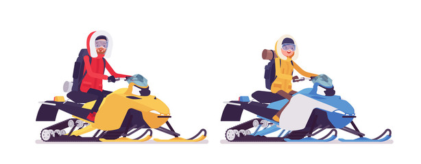 Winter hiking man, woman riding snowmobile. Male, female tourist with backpacking gear, wearing bright jacket, professional footwear. Vector flat style cartoon illustration isolated, white background