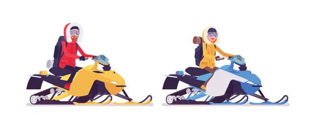 Fotobehang Winter hiking man, woman riding snowmobile. Male, female tourist with backpacking gear, wearing bright jacket, professional footwear. Vector flat style cartoon illustration isolated, white background © andrew_rybalko