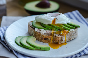 Sandwich with avocado and poached egg