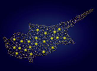 Yellow mesh vector Cyprus Island map with glare effect on a dark blue gradiented background. Abstract lines, light spots and small circles form Cyprus Island map constellation.