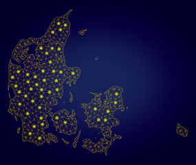 Yellow mesh vector Denmark map with glare effect on a dark blue gradiented background. Abstract lines, light spots and dots form Denmark map constellation.