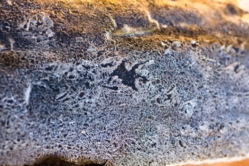 The wooden surface is covered with a thick layer of ice. The ice began to melt from the warm sunshine.