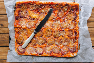 Homemade pizza rectangle form with cheese and salami lies on papyrus on the background of a brown...