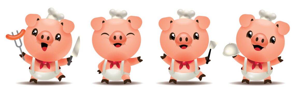 Cartoon cute pig chef mascot series. Cartoon cute pig holding kitchen tools. vector illustration isolated