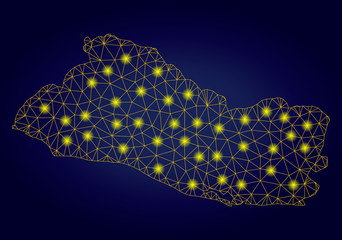 Yellow mesh vector El Salvador map with glitter effect on a dark blue gradiented background. Abstract lines, light spots and dots form El Salvador map constellation.